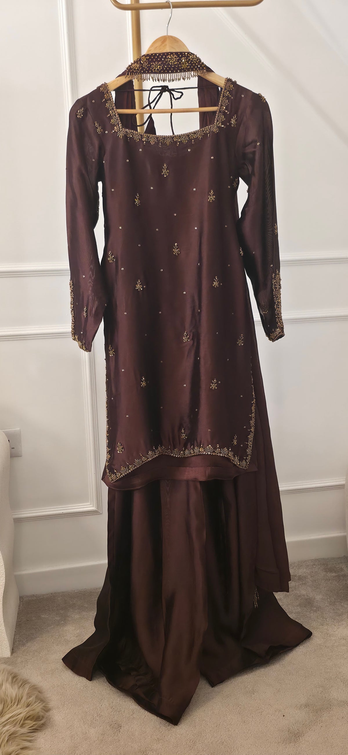 AIMAN- Brown  Embellished 3-Piece Sharara Set